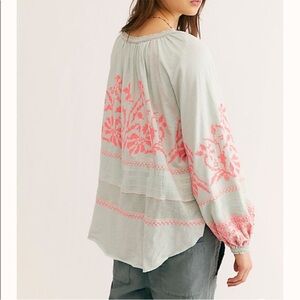 Free People Light Gray Blouse with Pink Floral Design